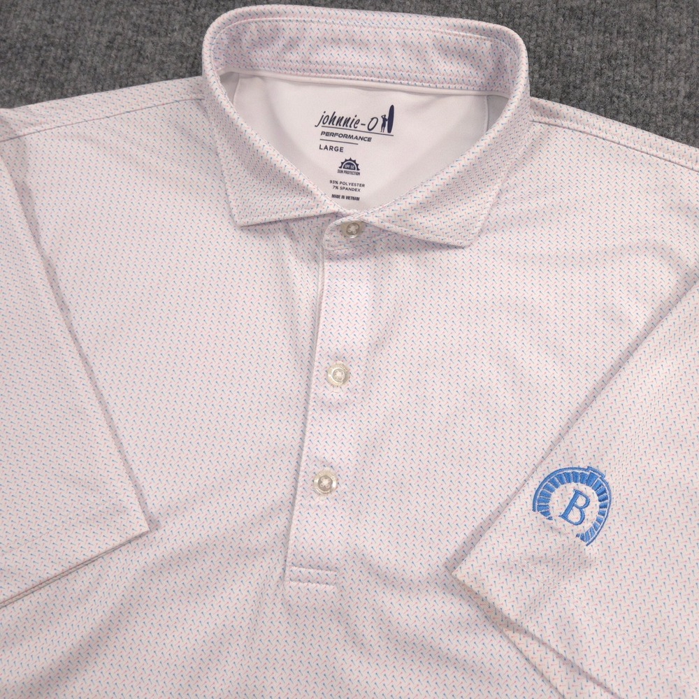Johnnie O Performance Polo Shirt Mens L Pink Blue Golf Tee AOP UPF 50 Stretch